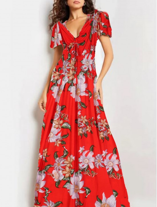 Floral V -Neck Short Sleeved Summer Dress